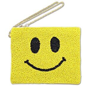 Emoji Smiley Face Yellow Seed Beaded Wristlet Chain Coin Pouch Storage Bag NEW